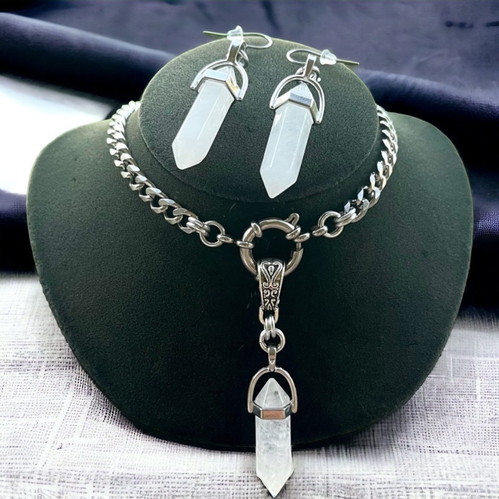 SET ! Genuine quartz bullet necklace + earrings stainless steel chain necklace